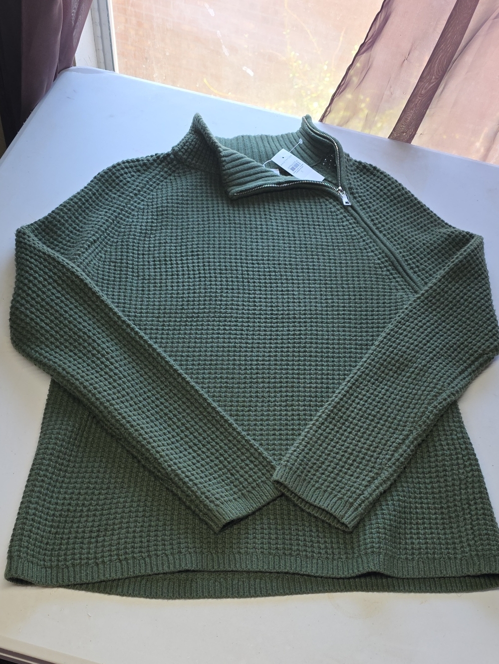 Ann Taylor Weekend Green Waffle Knit Asymmetric Zip Sweater Rich Olive S